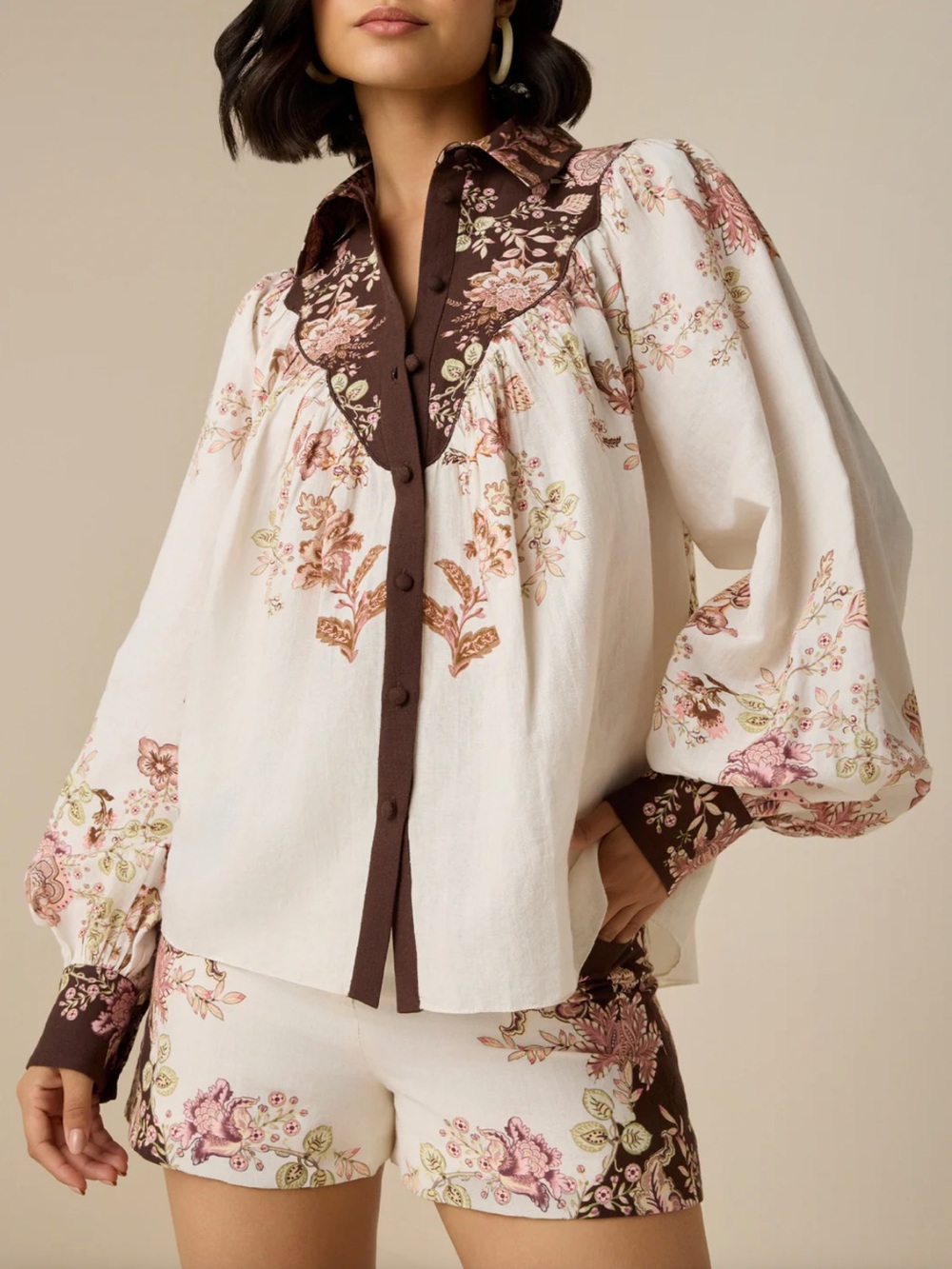 Hemant & Nandita Diza Yoke Button Up Shirt Sienna Brown & Pink size medium NEW